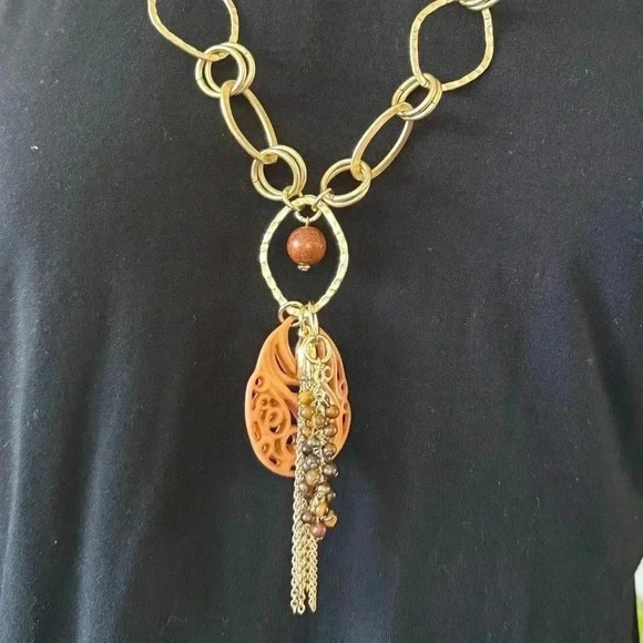 Chico's Gold Tone Long Circle Oval Chain Link Statement Necklace Y Chain - Picture 5 of 6